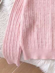 1pc Girls New Vintage Cable Knit Button Cardigan Sweater Jacket, Cute Minimalist Fashion Children's Daily Casual Versatile Long Sleeve Top - Pink - View 6