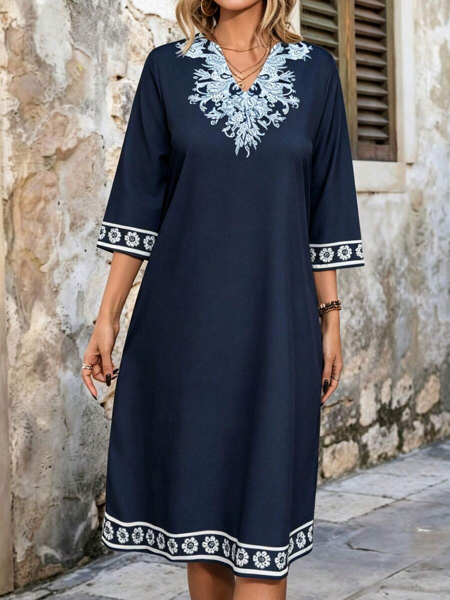 Women's Bohemian Style A-Line Short Shirt Dress, Collared Long Sleeve, Button Front, Ruffle Hem - Blue - View 1