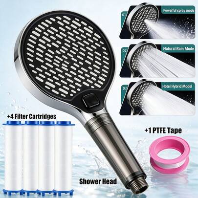 Kepala Pancuran Genggam + 4 Kartrid Filter + 1 Pita PTFE: Set Pancuran Genggam Filter Panel Besar 13CM | 4 Kartrid Pengganti + Pita PTFE | Kepala Pancuran Mandi Pemurni Air Aliran Tinggi | Pancuran Kecantikan Rumah (Hanya untuk Penggunaan Mandi)