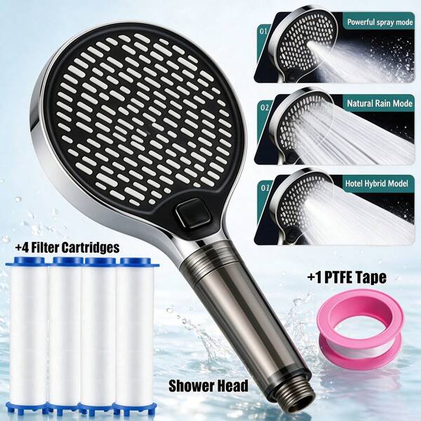 Handheld Shower Head + 4 Filter Cartridges + 1 PTFE Tape:13CM Large Panel Boost Filter Handheld Shower Set|4 Replacement Cartridges + PTFE Tape|High Flow Water Purifying Bath Shower Head|Home Boost Beauty Shower (For Shower Use Only)