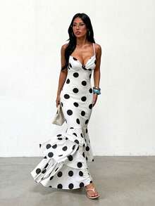 Summer Dress, White Polka Dot Print Spaghetti Strap Dress, Elegant, Date, Party, Birthday, Holiday, Wedding, Beach - White - View 2