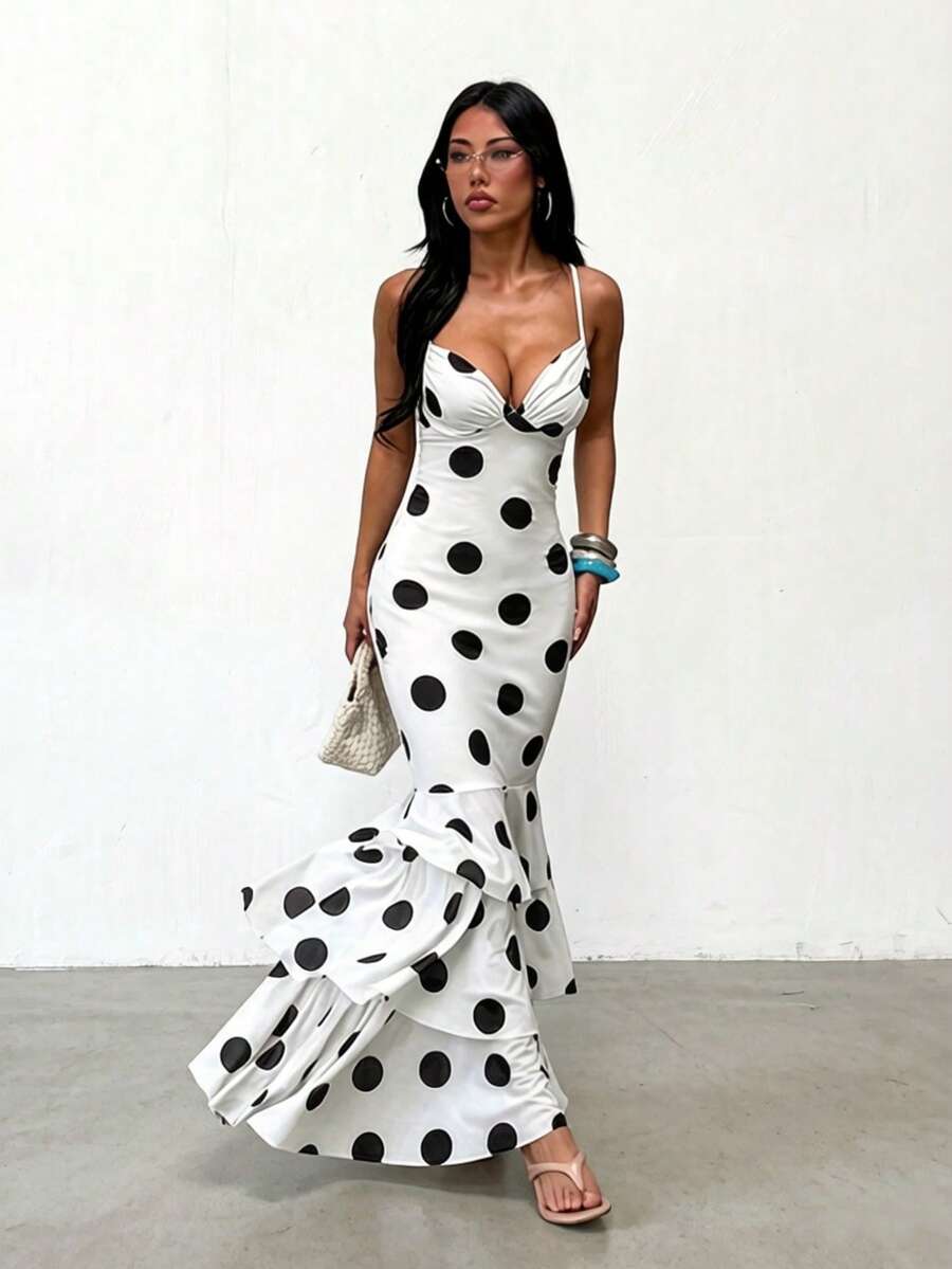 Summer Dress, White Polka Dot Print Spaghetti Strap Dress, Elegant, Date, Party, Birthday, Holiday, Wedding, Beach