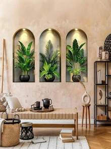 1/3pcs Arched Wall Niche Tropical Plant Wall Decal, Faux Gold Edge Recessed Shelf, Banana Palm Leaf Print, Removable Vinyl Sticker, Living Room Sofa Background Wall Home Decor Gift - A - View 10