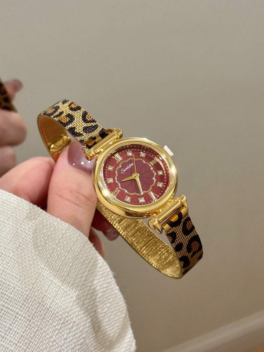 1件金色豹紋女款石英手錶,圓形,極簡奢華,優雅且成熟,百搭,適合派對與禮物 - 金色 - 查看 1