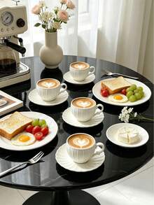 6pcs/1pc European Style Pumpkin Shaped Ceramic Coffee Cups 90ml/3oz, Includes 6pcs Tea Cups And Saucers, Cup Body With Embossed Vertical Stripe Design, Edge Decorated With Daisy Petal-Shaped Wavy Decoration - Creamy White - View 3