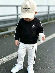 Young Boy Cartoon Print Crew Neck Long Sleeve Top And Pants - Black - View 1