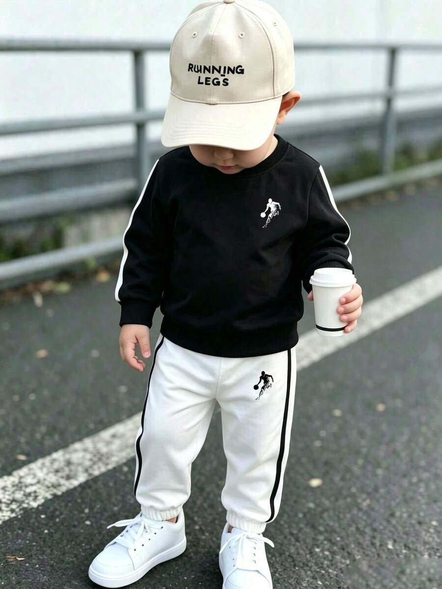 Young Boy Cartoon Print Crew Neck Long Sleeve Top And Pants - Black - View 1
