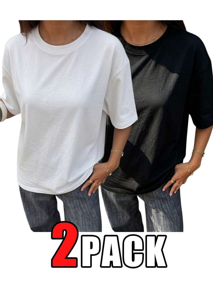 2件組女款圓領短袖T恤,夏季新款時尚素色休閒百搭寬鬆上衣 - 彩色 - 查看 1