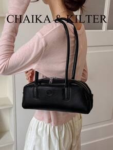 CHAIKA & KILTER 1件裝純色PU布料女款時尚波士頓保齡球肩背包，金屬孔眼裝飾，雙手柄設計，拉鍊開合，適合日常與街頭使用 - 黑色 - 查看 10