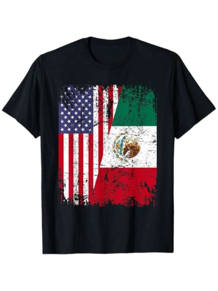 Summer t Shirts MeXiCaN RooTS | Half american Flag | MeXiCo T-Shirt - Negro - Ver 1
