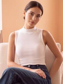 CELILIN Women's Comfortable Mock Neck Ribbed Tank Top, Soft Slim Fit Sleeveless Layering Essential For Everyday Versatile Outfits - White - View 3