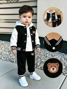Young Boy Cartoon Print Baseball Collar Warm Sweatshirt And Pants Set - Black - View 1