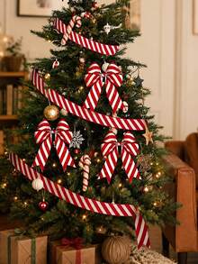 Red And White Striped Christmas Wire Ribbon, Christmas Decoration, Christmas Party Supplies, Room Decor, Christmas Home Decor, Window Seasonal Display, Christmas Tree Decoration, Bow Decoration, Stair Railing Decoration, Gift Box Packaging Ribbon - Multicolor - View 6