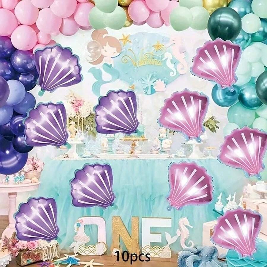 10pcs Gradient Shell Shaped Foil Balloons, Ocean Mermaid Theme Birthday Party Decoration Balloons, Underwater World Theme Photo Props Foil Balloons - Multicolor - View 1
