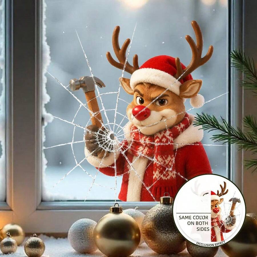 Christmas Fun Reindeer Window Stickers, Mall And Home Glass Window Decoration Static Cling Decals, Beautiful Stickers - 1PC - View 1
