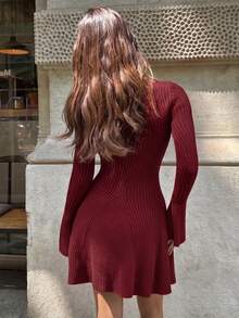 Vuslat Women's Autumn High Neck Fitted Flared Sleeve Elegant Knit Dress, New Year Party Dress, Elegant Party Dress, Birthday Dress, Christmas - Burgundy - View 8