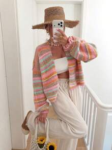 Rainbow Striped Knit Cardigan, Buttonless V-Neck Dropped Shoulder Long Sleeve Loose Soft Fuzzy Texture Women's Autumn/Winter Holiday Casual Sweater Jacket - Multicolor - View 5