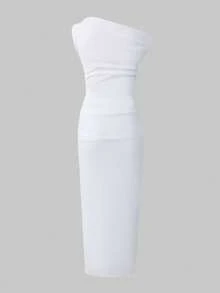 White Sleeveless Asymmetrical Shoulder Midi Dress, Elegant Dresses For Ladies, Casual Dress, White Dress, Summer Dresses, Holiday Dress - White - View 7