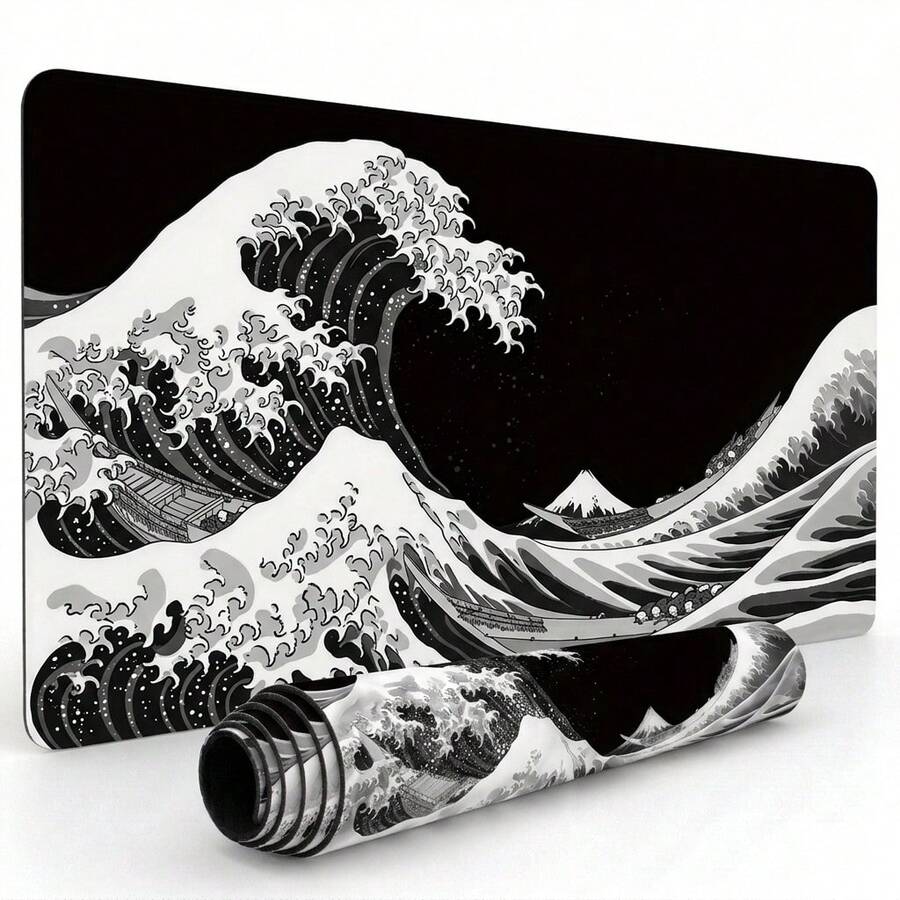 Black & White Ukiyo-E Wave Extra Long Gaming Mouse Pad & Desk Mat Set, Non-Slip Durable Rubber Base, Smooth Surface, Suitable For Computer Laptop Office Home, Abstract Art Decor, Back To School Supplies - A - View 1