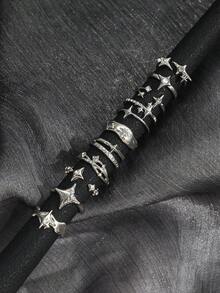 Juego de 10 anillos de metal con textura de lava abierta, estrella de strass plateada, fácil de combinar - Plateado - Ver 2