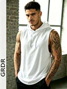 GRDR Men's Summer Hooded Solid Color Tank Top, Casual Sports Style, Fashionable And Minimalist For Summer Sports Outfits - White - View 1