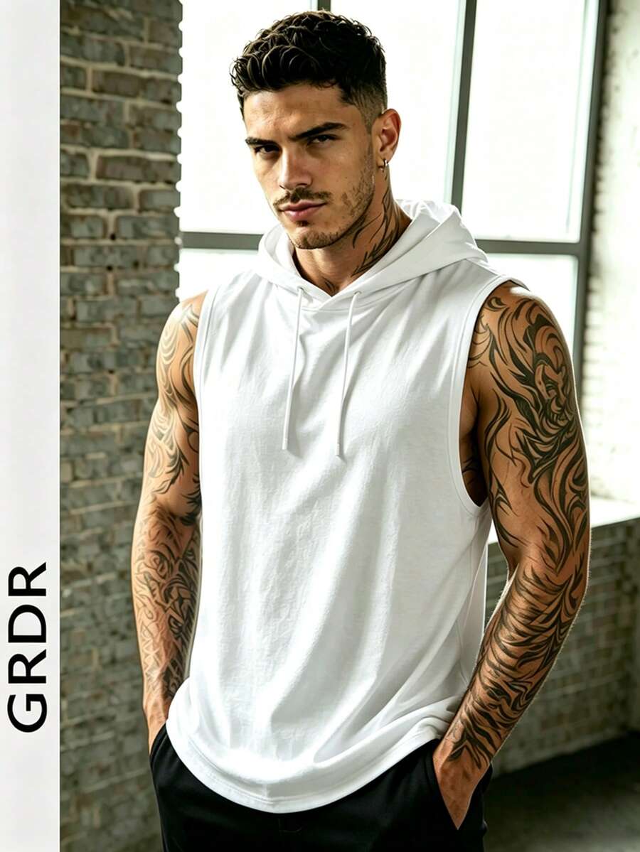 GRDR Men's Summer Hooded Solid Color Tank Top, Casual Sports Style, Fashionable And Minimalist For Summer Sports Outfits - White - View 1