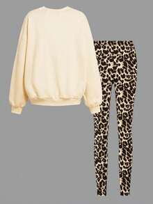 2pcs/Set Kaos Sweatshirt Leher Bulat untuk Remaja Perempuan dengan Bordir Motif Leopard dan Pita, Dipadukan dengan Legging Motif Leopard Kasual Sederhana, Pakaian Musim Gugur/Dingin Terbaru - Berwarna merah muda - View 3
