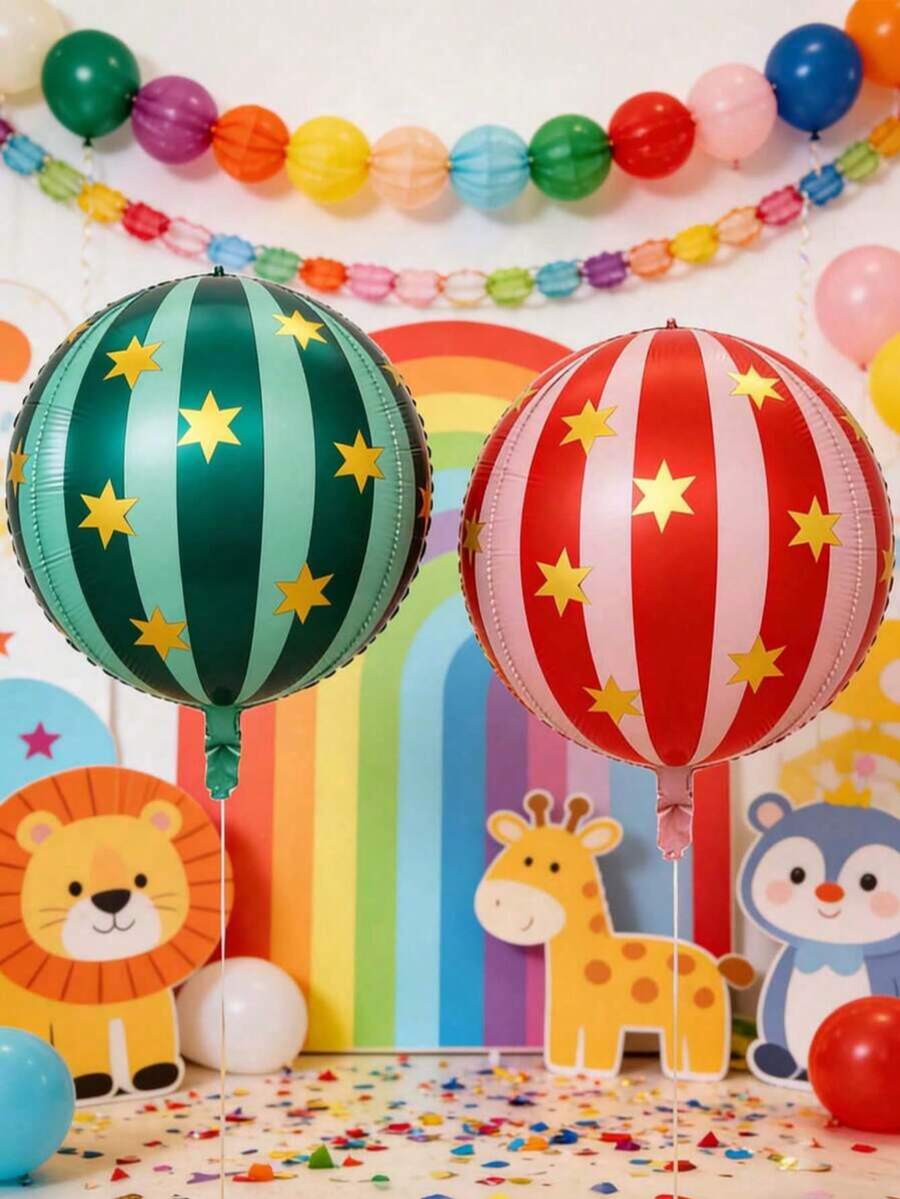 2pcs 22 Inch 4D Striped Star & 3D Round Foil Balloons, Birthday Party Decorations, Suitable For 1st Birthday Party Scene Arrangement - Multicolor - View 1