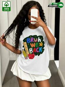 Youth Bruh We Back Chalkboard Pencil Apple Graphic 100% Cotton Short Sleeve T-Shirt, Retro Colorful Letter Casual Street Tee For Spring Summer - White - View 3