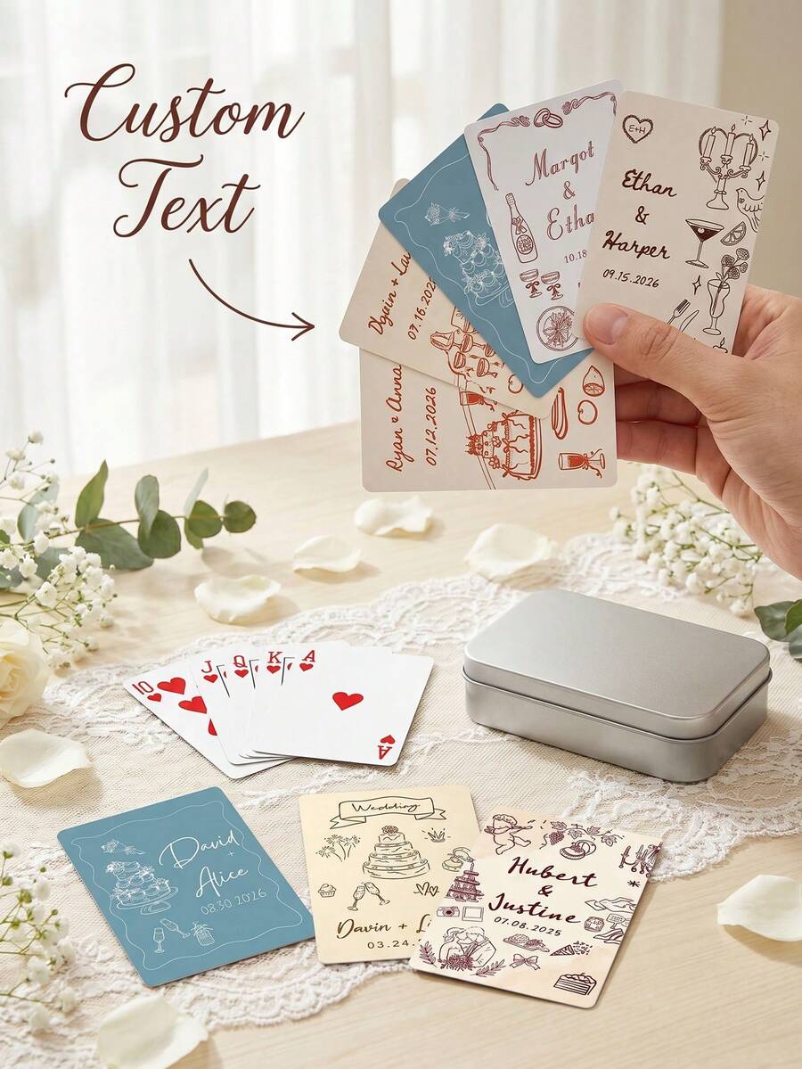 Custom Text Wedding Playing Cards, Romantic Wedding Elements Illustration Personalized Bride Groom Poker Cards, Custom Wedding Favor Keepsake Card Game For Wedding Party Guest Gift - Multicolor - View 1