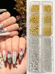 6-Grid Long Strip Box, Simple And Cute, Versatile Style, Gold And Silver Round Rivet Nail Decorations, Beauty Accessories, DIY Decorations, Square Nail Decorations, Pointed Long Nail Decorations, Summer Nail Decorations - Multicolor - View 3
