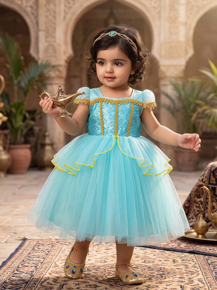 Baby Girls Bubble Short Sleeve Sequin Mesh Princess Dress, Gold Trim Puff Skirt, Birthday Halloween Holiday Dress, Jasmine Princess Dress, Themed Outfit, Middle Eastern Fairy Tale Gown - Baby Blue - View 1