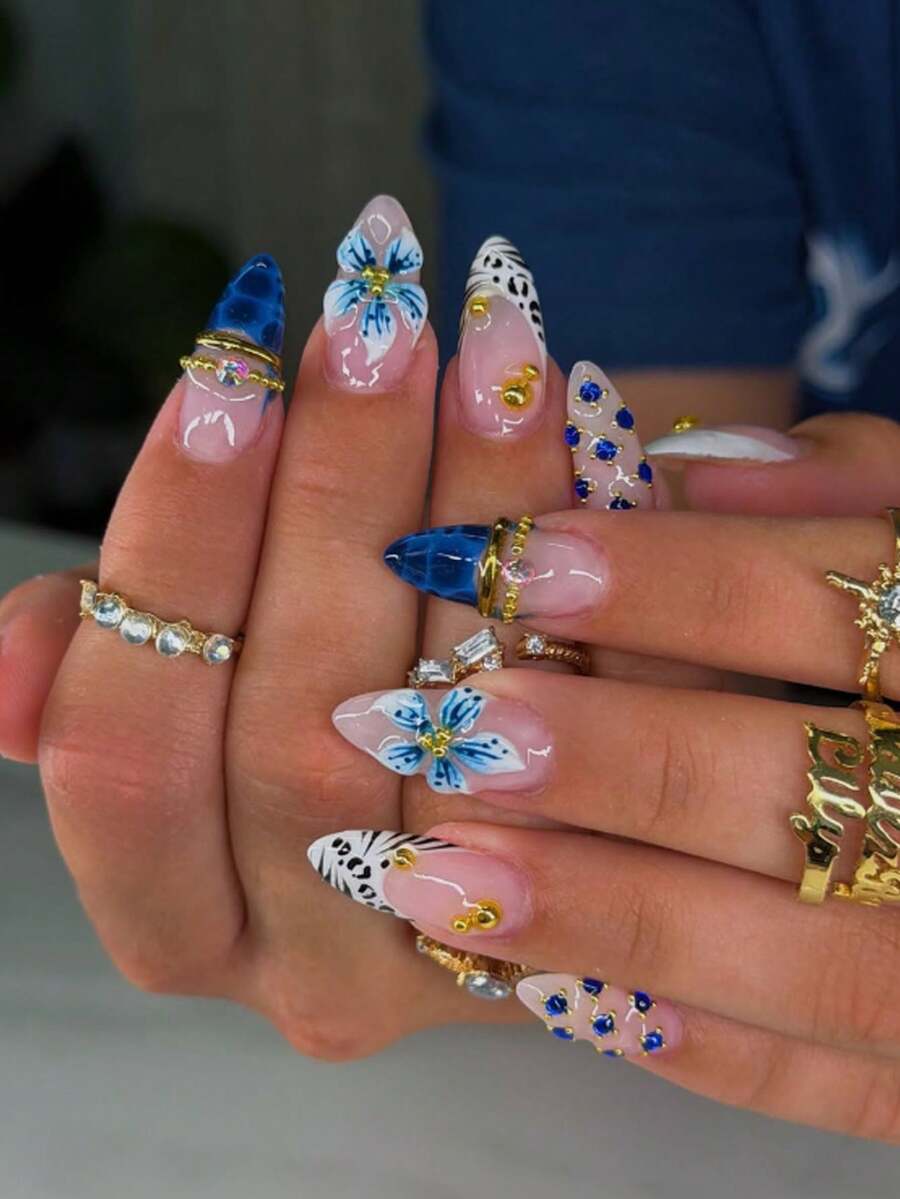 Cambia tu estilo de uñas, 24 piezas/set de uñas postizas de forma almendrada media-larga con flores azules 3D, strass, decoración dorada dulce y fresca, cobertura completa, con 1 pieza de pegamento de gelatina y 1 pieza de lima de uñas, te hace lucir talla grande dulce y linda, perfecto para mujeres y niñas en fiestas, citas, bodas y uso diario - Multicolor - Ver 1