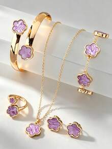 6pcs Lucky Five-Leaf Clover Design Bracelet, Necklace, Earrings, Bangle And Ring Set, Delicate Fashion Gift Set For Teenagers - A - View 7