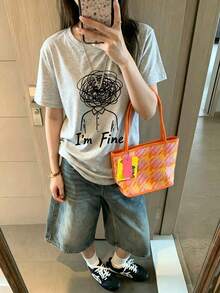 Women's Fashion Summer Loose Round Neck Simple Versatile Letter Cartoon Print Short Sleeve T-Shirt Casual - Light Gray - View 3