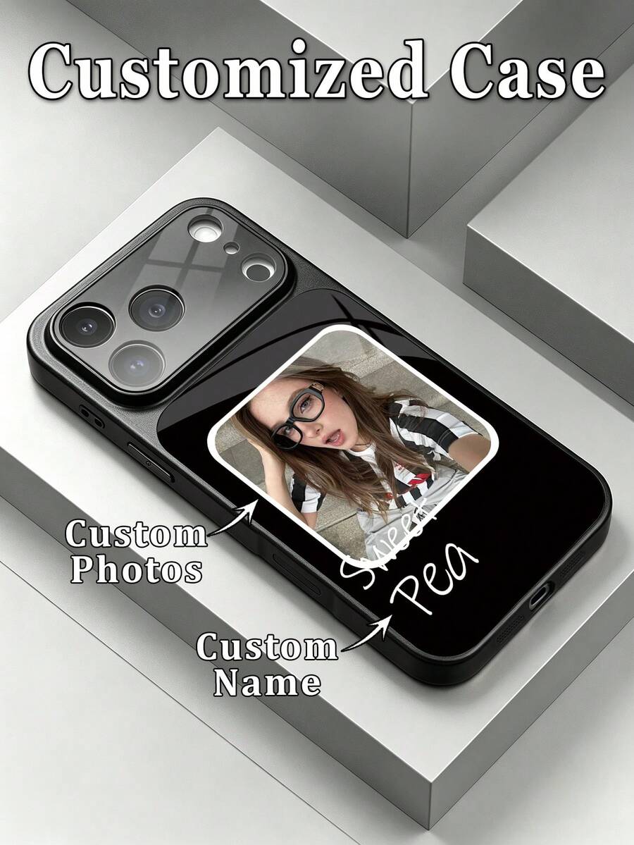 1pc DIY Photo Customized Name Luxury Fashion Large Window Tempered Glass With Lens Protection Matte Anti-Drop Phone Case Compatible With IPhone 17/17Pro/17ProMax/17Air/16/16Pro/16ProMax/16Plus/15/15Plus/15Pro/15ProMax/14/14Plus/14Pro/14ProMax/13/13Pro/13ProMax/12/11 Phone Accessories Full Coverage Premium Protective Cover - Black - View 1