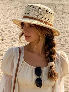 1 pieza Gorro de punto para mujer, fibra de poliéster casual, nuevo unicolor, ligero, delgado, cómodo, a prueba de viento, con diseño calado, elegante, cobertura de la línea del cabello, versátil, transpirable, protección solar, absorción de sudor, adecuado para uso diario al aire libre en verano - MZ3575 - Ver 13