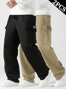 2pcs Casual Wide Leg Cargo Pants For Men, Loose Straight Leg Design With Multiple Pockets And Drawstring Waist, Side Large Pockets With Patch Decoration, Adjustable Drawstring Waist, Loose Drape Fabric, Suitable For Outdoor Sports Or Home Leisure, Unisex - Multicolor - View 2