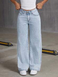 Teen Girls Loose Fit Bow Print Denim Wide Leg Pants - Light Wash - View 2