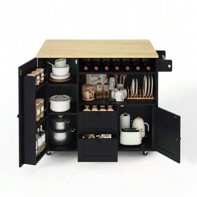 Mobile Kitchen Island With Fold-Down Worktop, Kitchen Trolley, Storage Cabinet, Sideboard With Towel Rail, Drawer, Integrated Wine Rack And Lockable Casters, 104 * 45 (69) * 89 Cm