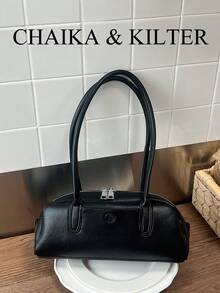CHAIKA & KILTER 1件裝純色PU布料女款時尚波士頓保齡球肩背包，金屬孔眼裝飾，雙手柄設計，拉鍊開合，適合日常與街頭使用 - 黑色 - 查看 2
