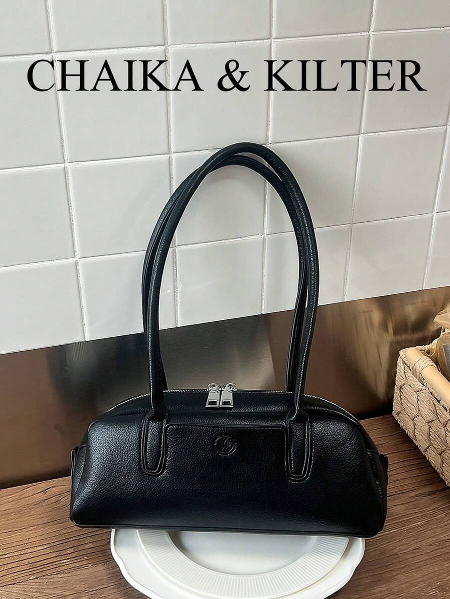 CHAIKA & KILTER 1件裝純色PU布料女款時尚波士頓保齡球肩背包，金屬孔眼裝飾，雙手柄設計，拉鍊開合，適合日常與街頭使用