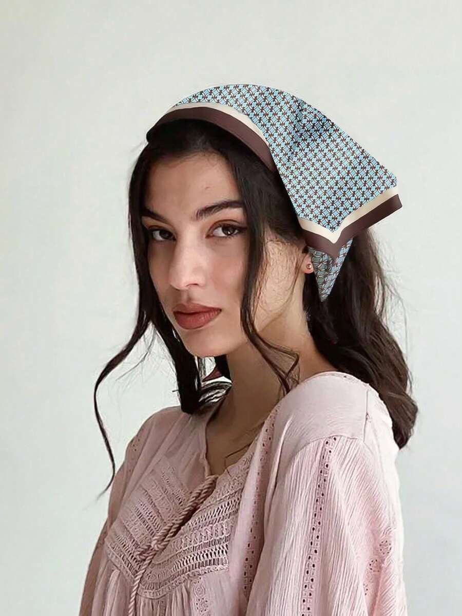 1pc Vintage Geometric Plaid Print Women's Square Scarf, Multi-Use Hair Accessory For Workplace Outfit, Shirt, Bag And Hair Styling - Multicolor - View 1