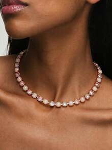 Sparkling Copper Tennis Choker Round Clear Rhinestone & Resin Adjustable Clavicle Necklace Women Elegant Daily Jewelry Gift For Wedding Christmas - Style 1 - View 2