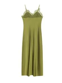Women's Green Lace Satin Mid-Length Backless Cami Dress, V-Neck Elegant Summer Party Dress - Green - View 6