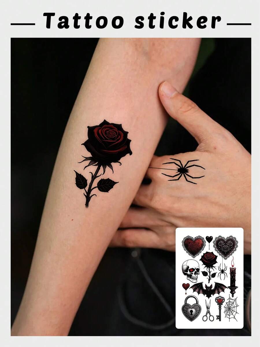 1 Sheet Assorted Dark Gothic Mini Temporary Tattoo Sticker, Waterproof Long-Lasting Black Red Rose Skull Spider Fake Tattoo, Body Art Decal For Forearm Hand Wrist Thigh Rib Collarbone - Multicolor - View 1