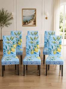 Detachable Elastic Spandex Chair Cover, Light Blue Lemon Dining Chair Protective Cover, Used For Home Living Room, Kitchen Decoration Products, Reusable, Very Suitable For Thanksgiving And Christmas Holidays, Bedroom And Office Furniture Protection. - B - View 9