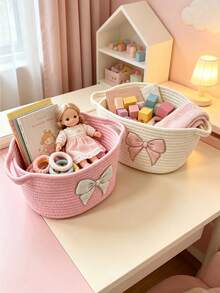1pc White & Pink Cotton Rope Woven Basket - Cute Bow Design Baby Room Storage Organizer, Baby Supplies, Newborn Essentials, Room Decor - Multicolor - View 2