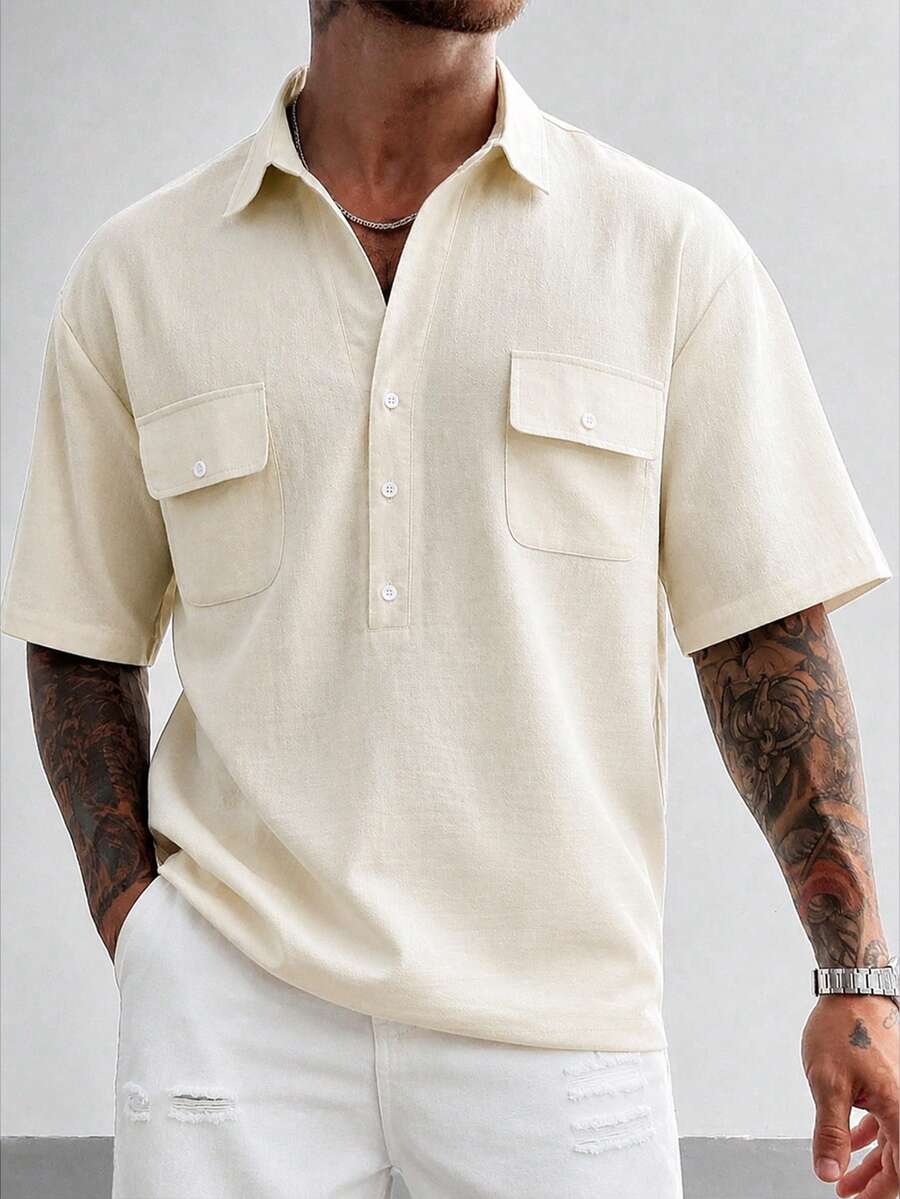 GloMan Men's 100% Cotton White Henley Half Button Placket Short Sleeve Shirt,Summer/Fall For Daily,Street,Office Commute,Back To School,Husband/Father - Apricot - View 1