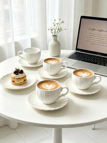 6pcs/1pc European Style Pumpkin Shaped Ceramic Coffee Cups 90ml/3oz, Includes 6pcs Tea Cups And Saucers, Cup Body With Embossed Vertical Stripe Design, Edge Decorated With Daisy Petal-Shaped Wavy Decoration - Creamy White - View 8
